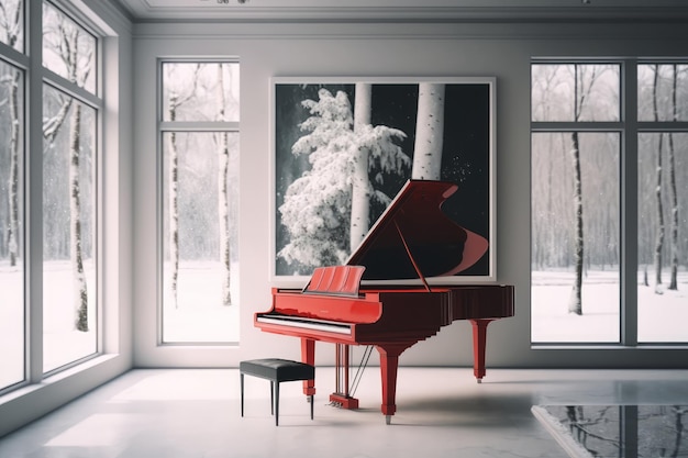 Fortepian w białym pokoju z oknem