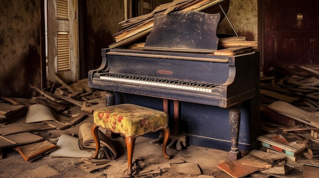 Fortepian w opuszczonym domu jest w zabałaganionym pokoju.