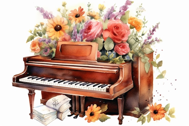 Fortepian z kwiatami i kartką z napisem "kocham pianino".