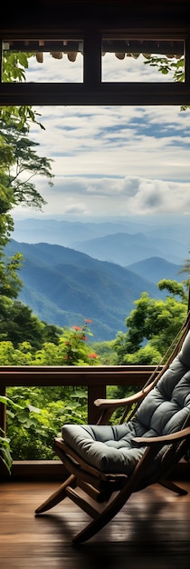 fotel bujany na tarasie z widokiem na góry Widok z okna drewnianego