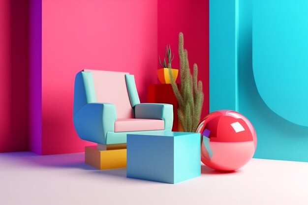 Fotel geometryczny memphis sofa sztuka projektowanie wnętrz okno kolorowy pokój dom Generative AI