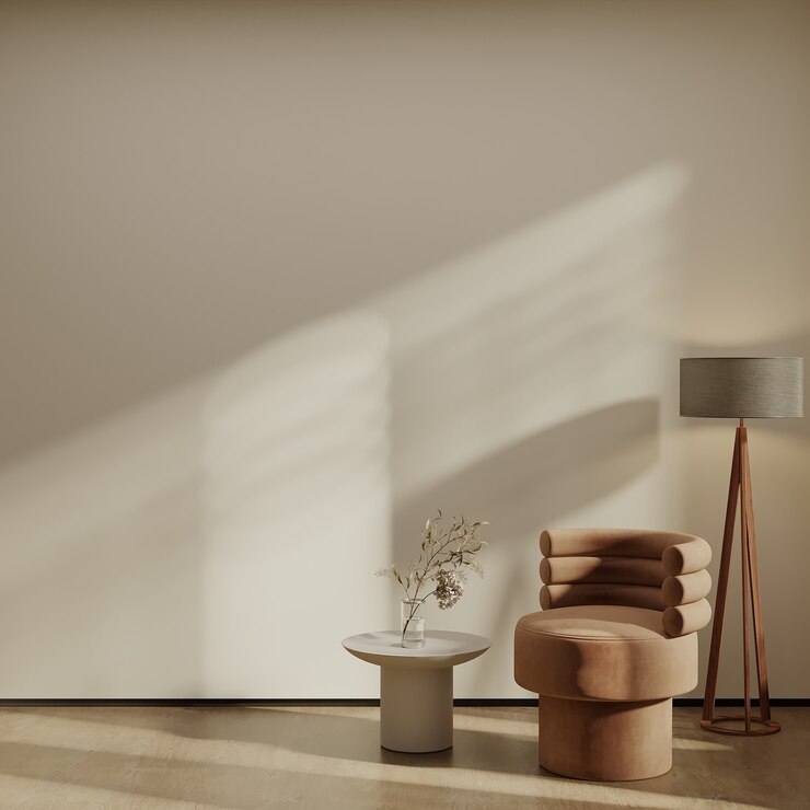 Fotel i lampa w pokoju przed pustą ścianą renderowania 3d