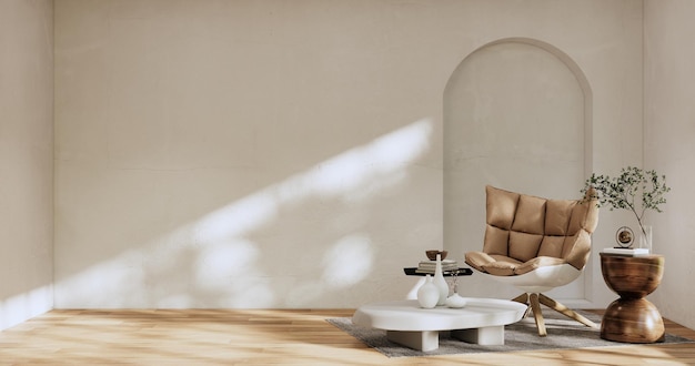 Fotel onPusty pokój w stylu wabi sabi renderowania ilustracji 3DxA
