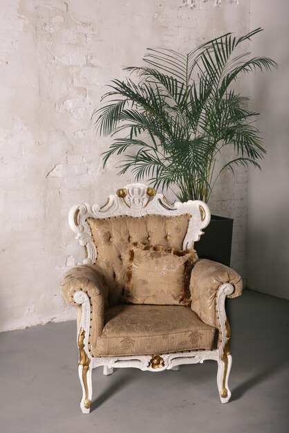 Zdjęcie fotel rozkładany biały stojący obok doniczki na białej ścianie