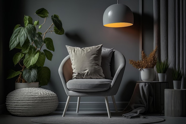 Fotel z poduszką świecąca lampa roślina w pufce Ilustracja AI Generative