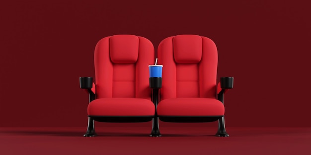 Fotele kinowe para stoją na czerwonym dywanie Kup bilet do kina koncepcja filmowa noc renderowania 3d