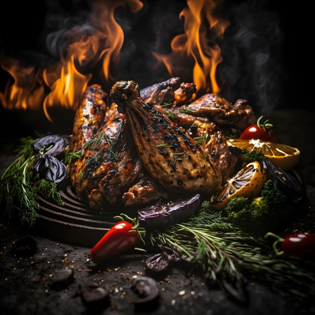 foto grillowane skrzydełka z kurczaka na płonącym grillu z grillowanymi warzywami w sosie barbecue z pieprzem