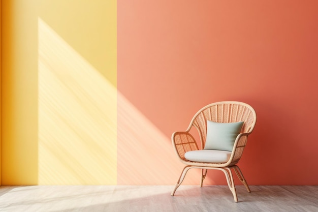 Foto minimalistyczne Wiklinowe krzesło przed jasną pastelową ścianą