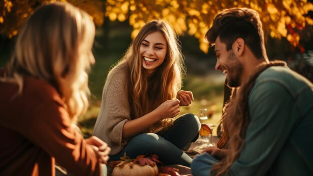 Zdjęcie fotograf fotografuje grupę przyjaciół uczestniczących w pełnym śmiechu pikniku