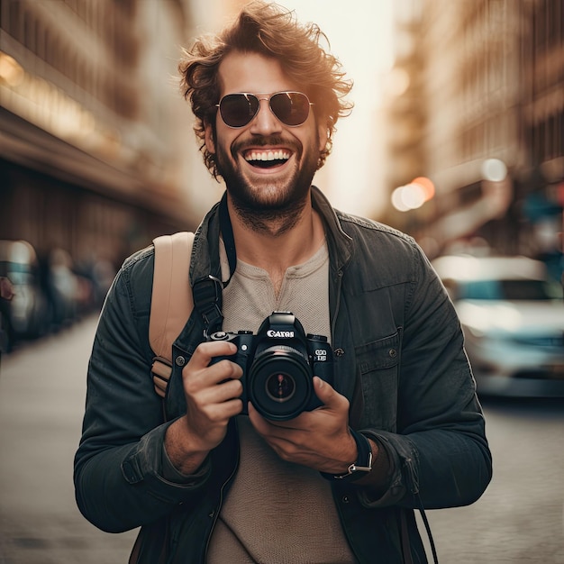 Fotograf-hipster z Citydwelling uwiecznia miejskie życie w stylu retro i autentycznym uśmiechu