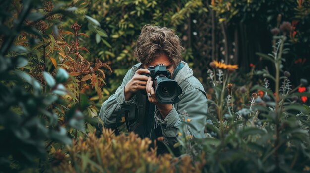 Fotograf robi zdjęcie sceny w ogrodzie Fotograf przyrody