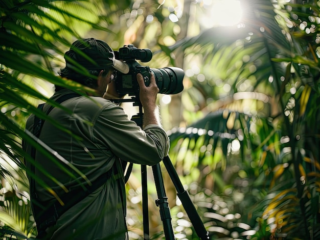 Fotograf ukryty w bujnym liściarstwie lasu tropikalnego uchwyca piękno natury za pomocą aparatu zamontowanego na trójnożku ukryta dżungla fotografuje dziką przyrodę liście