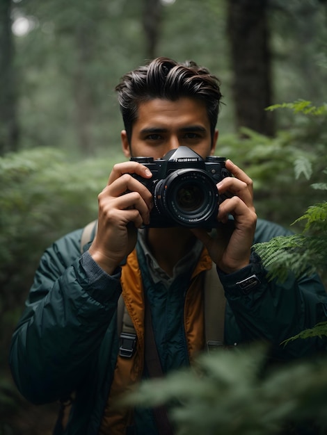 Fotograf z aparatem rejestrującym obraz natury