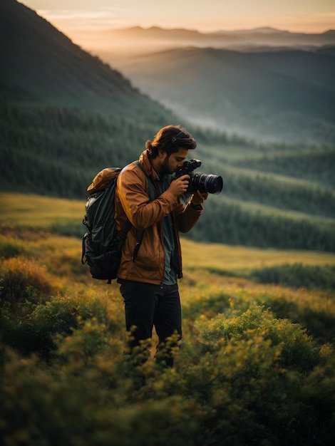 Fotograf z kamerą rejestrujący obraz natury