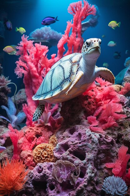 Fotografia 3D przedstawiająca zróżnicowane życie na rafie koralowej, w tym małe ryby, żółwie morskie i vib