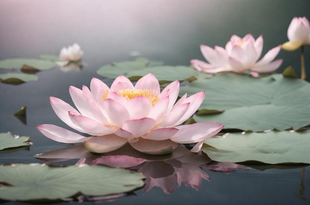 Fotografia botaniczna basenu z delikatnymi różowymi kwiatami lotosu i liliami