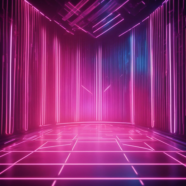 Fotografia cyfrowa futurystyczna pusta scena pokazu abstrakcyjna geometryczna fantazja blask neonowy tło