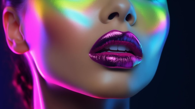 Zdjęcie fotografia dziewczyny z makijażem, szminką neonową i błyszczącymi światłami, holo, zdjęcie abstrakcyjne