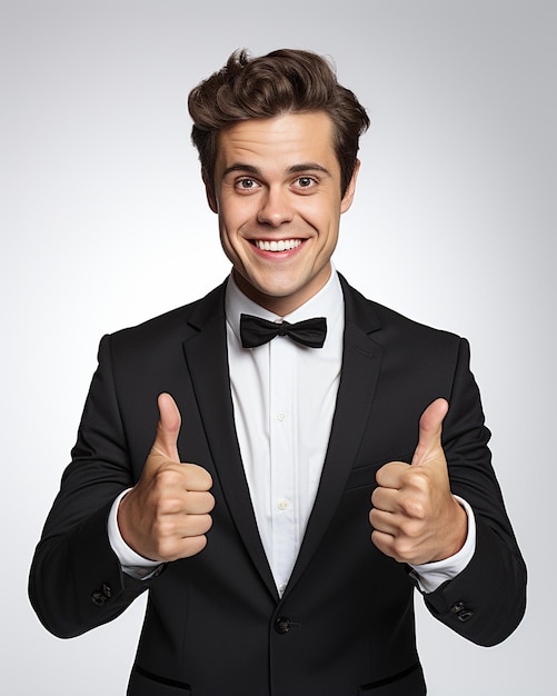 fotografia koncepcja biznesowa portret podekscytowanego mężczyzny ubranego w strój wizytowy, podnoszący kciuki do góry