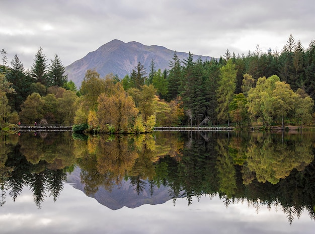 Fotografia krajobrazowa jeziora, gór, lasu, jesieni, Glencoe Lochan, Szkocja