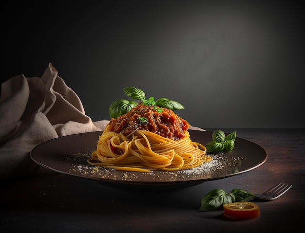 Fotografia kulinarna spaghetti Pyszna włoska kuchnia stworzona za pomocą generatywnej sztucznej inteligencji