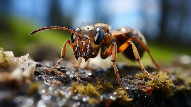 Fotografia makro czerwonej mrówki na ziemi