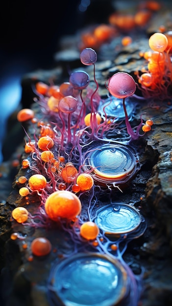 Fotografia makro flora grzyby rośliny pod mikroskopem zarodniki z bliska krople deszczu i rosa ekosystem wirusów mikrobiologicznych