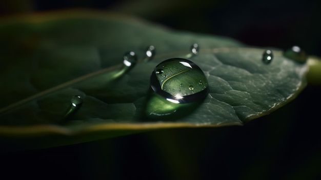 Fotografia makro kropli rosy na liściu