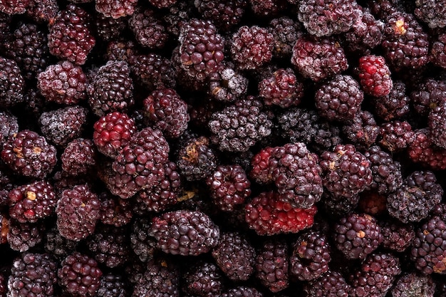 Fotografia makro mrożonych jeżyn lekko pokrytych szronem Niezbyt wysoka jakość Widok z góry