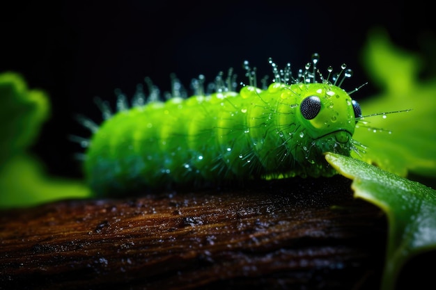 Fotografia makro zielonej gąsienicy