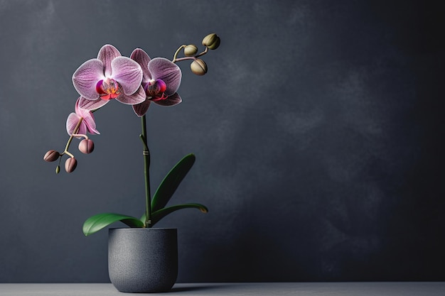 Zdjęcie fotografia minimalistyczna orchidea przed ciemną pastelową ścianą