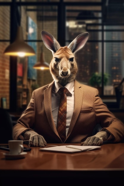 Fotografia mody antropomorficznego kangura przebranego za bizneswoman w biurze