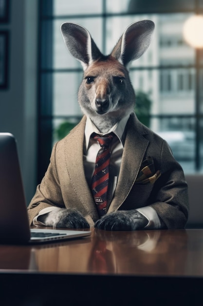 Zdjęcie fotografia mody antropomorficznego kangura przebranego za bizneswoman w biurze