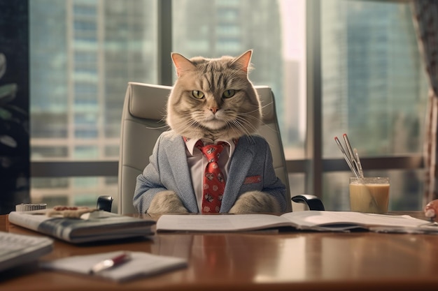 Fotografia mody przedstawiająca antropomorficznego kota przebranego za biznesmena