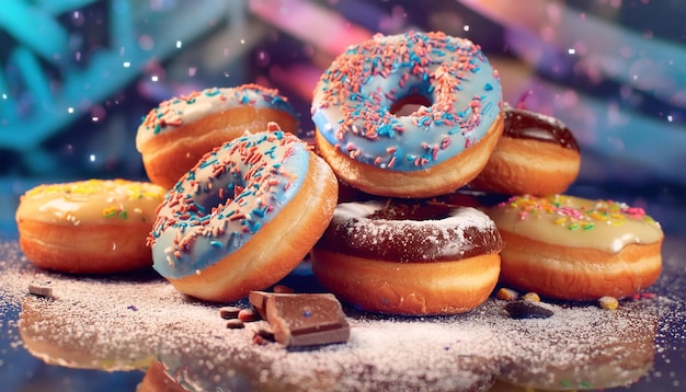 Fotografia pączków pączki z glazurą i małymi kolorowymi tabliczkami czekolady pączki czekoladowe