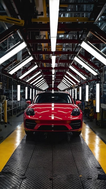 Fotografia panoramiczna linia produkcyjna samochodów spawanie nadwozia nowoczesna fabryka montażu samochodów