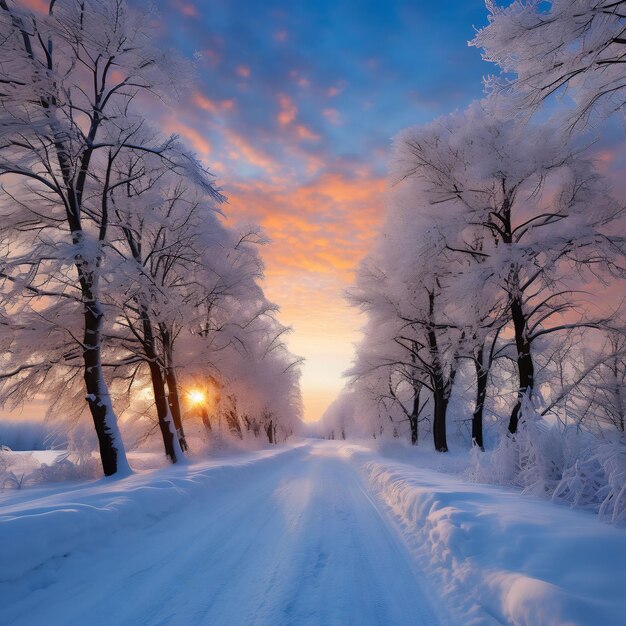 fotografia pięknej pokrytej śniegiem drogi pokrytej śniegiem drzew podczas zachodu słońca i niebieskiego sk