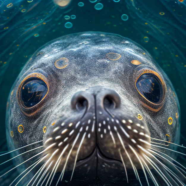 Fotografia podwodna foki, zbliżenie pyska foki w przezroczystej wodzie morskiej.