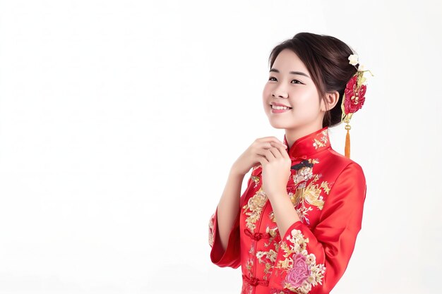 Zdjęcie fotografia portretowa chińska kobieta z azji uśmiechająca się w tradycyjnej sukience cheongsam qipao na białym lub szarym tle koncepcja chińskiego festiwalu nowego roku