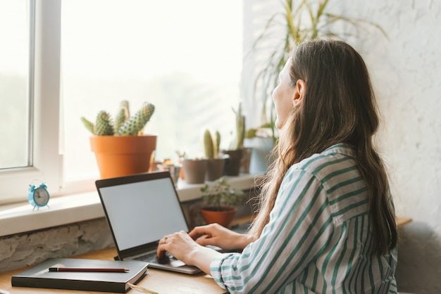 Fotografia pracuje na laptopie w biurze kobieta, pusty bielu ekran