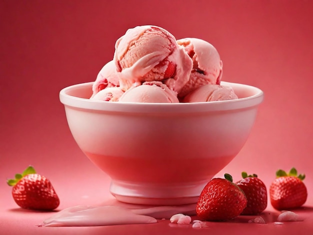 Fotografia produktu lodów truskawkowych w misce z czerwonym tłem.