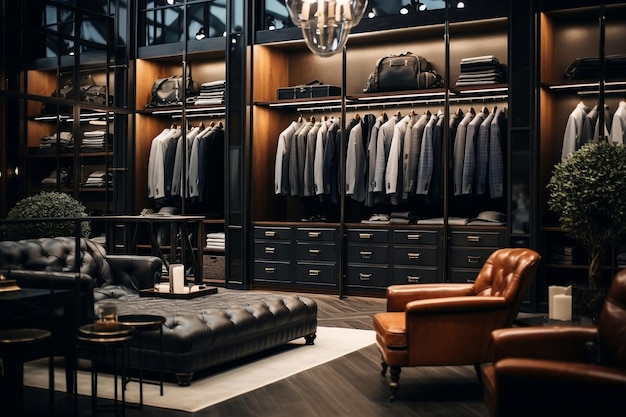 Fotografia przedstawiająca wnętrze luksusowej męskiej szafy w pełni wyposażonej Generative Ai