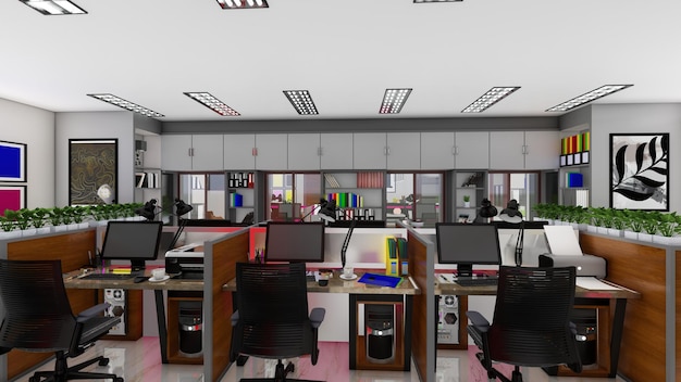 Zdjęcie fotografia przestrzeni architektonicznej wnętrza biura rendering 3d