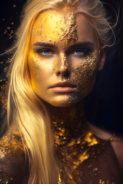 Fotografia redakcyjna blondynka ociekająca złotem i brokatem AIGenerated