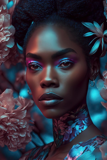 Fotografia redakcyjna czarna kobieta zainspirowana niebiańskimi holograficznymi opalizującymi kwiatami brzoskwini AIGenerated