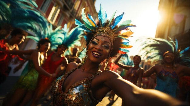 Zdjęcie fotografia tętniąca życiem scena uliczna podczas świątecznego karnawału w rio de janeiro kolorowe kostiumy i maski dynamiczne oddziaływanie światła i cienia podczas ruchu tancerzy