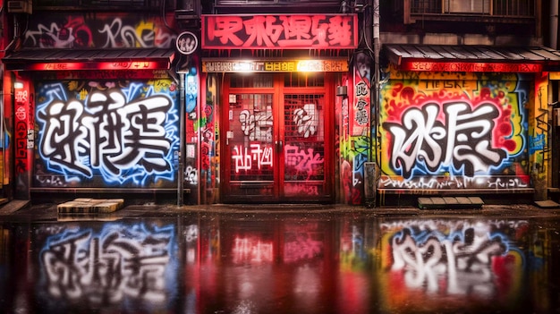 Fotografia uliczna magenta graffiti kanji pod ciemnym światłem w cyberpunk tokyo generatywna sztuczna inteligencja