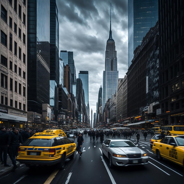 Fotografia uliczna przedstawiająca ruchliwe skrzyżowanie Nowego Jorku z Empire State Building z tyłu