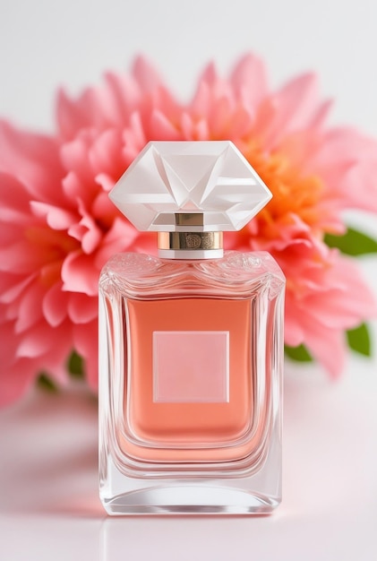 Zdjęcie fotografia w pełni symetrycznej kwiatowej dekoracyjnej butelki perfum na miękkim cieniu białym tle