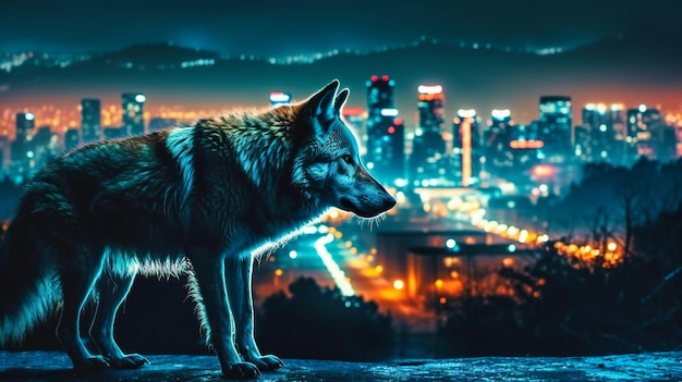 Fotografia wilka stojącego w mieście nocą